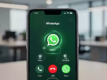 Ein iPhone-Bildschirm zeigt einen WhatsApp-Anruf mit einem neuen Menü für Mikrofoneinstellungen. Der Hintergrund ist ein unscharfes Büro. - Foto: über boerse-global.de