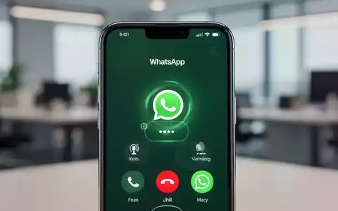 Ein iPhone-Bildschirm zeigt einen WhatsApp-Anruf mit einem neuen Menü für Mikrofoneinstellungen. Der Hintergrund ist ein unscharfes Büro. - Foto: über boerse-global.de