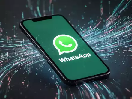 Ein Smartphone-Bildschirm mit WhatsApp-Logo, umgeben von leuchtenden digitalen Datenströmen für Cloud-Dienste und Premium-Funktionen. - Foto: über boerse-global.de