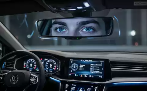 Nahaufnahme der Augen eines Autofahrers im Rückspiegel, mit subtilen Infrarotlichtern, die die Überwachung durch ein Fahrerassistenzsystem andeuten. - Foto: über boerse-global.de