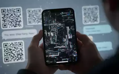 Eine Hand hält ein Smartphone mit einem verzerrten, flimmernden Bildschirm, der digitale Muster zeigt. Im Hintergrund sind unscharfe QR-Codes und Textnachrichten zu sehen. - Foto: über boerse-global.de