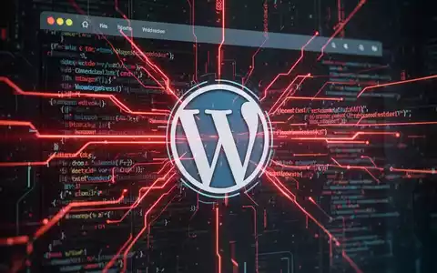 Digitales WordPress-Logo mit roten Codezeilen, die es durchkreuzen, symbolisiert eine Cyber-Sicherheitslücke. - Foto: über boerse-global.de
