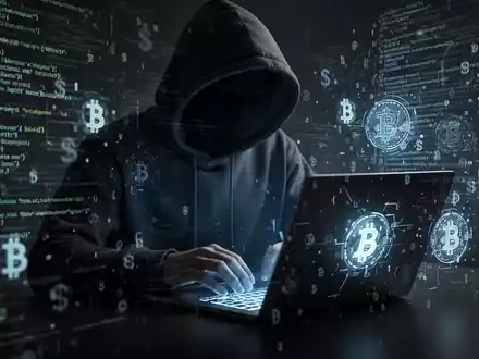 Person in Kapuzenjacke tippt auf Laptop, umgeben von digitalem Code und Kryptosymbolen, die Malware und Kryptodiebstahl darstellen. - Foto: über boerse-global.de