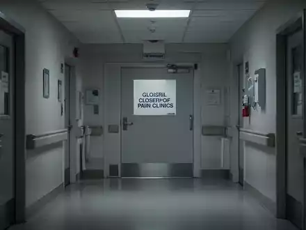 Ein leerer, steriler Krankenhauskorridor oder eine geschlossene Kliniktür, die die Schließung von Schmerzambulanzen andeutet. - Foto: über boerse-global.de