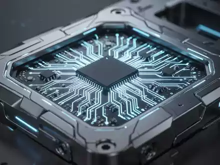 Nahaufnahme eines futuristischen Mikrochips mit leuchtenden Schaltkreisen in einem glatten, metallischen Gehäuse, das technologische Integration symbolisiert. - Foto: über boerse-global.de