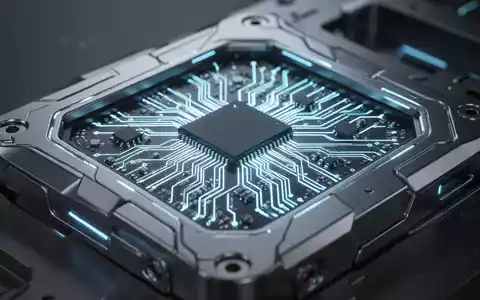 Nahaufnahme eines futuristischen Mikrochips mit leuchtenden Schaltkreisen in einem glatten, metallischen Gehäuse, das technologische Integration symbolisiert. - Foto: über boerse-global.de