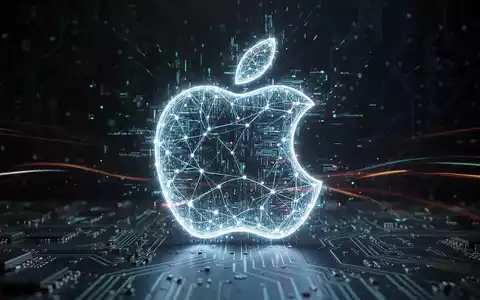 Leuchtendes, abstraktes Apple-Logo aus digitalen Datenströmen und neuronalen Netzverbindungen vor dunklem, technik-inspiriertem Hintergrund. - Foto: über boerse-global.de
