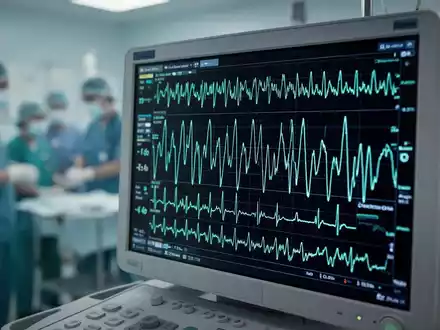 Nahaufnahme eines EKG-Monitors, der eine komplexe Herzrhythmusstörung anzeigt, mit verschwommenem medizinischem Personal im Hintergrund. - Foto: über boerse-global.de