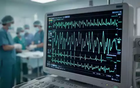 Nahaufnahme eines EKG-Monitors, der eine komplexe Herzrhythmusstörung anzeigt, mit verschwommenem medizinischem Personal im Hintergrund. - Foto: über boerse-global.de