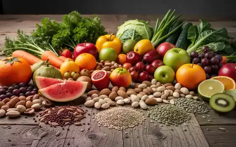 Eine bunte Anordnung von frischem Obst, Gemüse, Nüssen und Samen auf einem Holztisch, die pflanzliche Ernährung darstellt. - Foto: über boerse-global.de