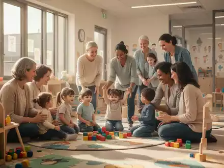 Eltern und Kinder in einer modernen Kindertagesstätte, die Fürsorge und Unterstützung symbolisiert. - Foto: über boerse-global.de