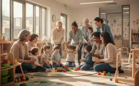 Eltern und Kinder in einer modernen Kindertagesstätte, die Fürsorge und Unterstützung symbolisiert. - Foto: über boerse-global.de