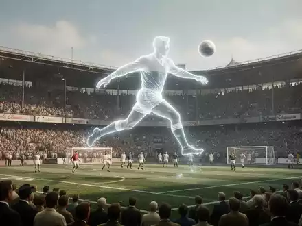 Digitale Rekonstruktion eines Fußballstadions der 1950er mit leuchtender Silhouette von Pelé beim Torschuss, Geschichte und KI vereinend. - Foto: über boerse-global.de