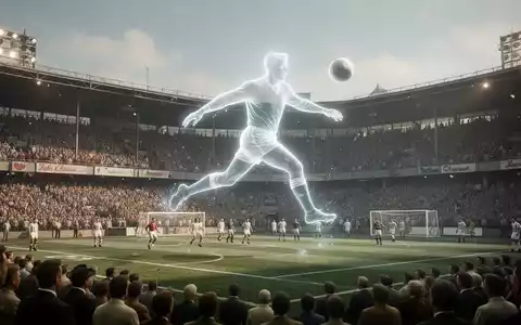 Digitale Rekonstruktion eines Fußballstadions der 1950er mit leuchtender Silhouette von Pelé beim Torschuss, Geschichte und KI vereinend. - Foto: über boerse-global.de