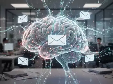Ein leuchtendes, abstraktes KI-Neuronennetz verwebt sich mit digitalen E-Mail-Symbolen und Datenströmen, symbolisiert KI-Integration in Arbeitsabläufe. - Foto: über boerse-global.de