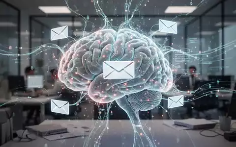 Ein leuchtendes, abstraktes KI-Neuronennetz verwebt sich mit digitalen E-Mail-Symbolen und Datenströmen, symbolisiert KI-Integration in Arbeitsabläufe. - Foto: über boerse-global.de