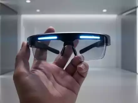 Schlanke Augmented-Reality-Smart-Brille mit blauem Leuchten, in einer Hand in modernem Umfeld. - Foto: über boerse-global.de