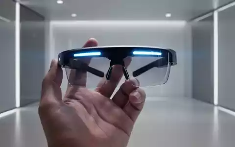 Schlanke Augmented-Reality-Smart-Brille mit blauem Leuchten, in einer Hand in modernem Umfeld. - Foto: über boerse-global.de