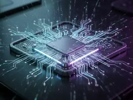 Nahaufnahme eines futuristischen Mikrochips, der mit komplexen Schaltkreisen auf dunklem, reflektierendem Hintergrund leuchtet. - Foto: über boerse-global.de