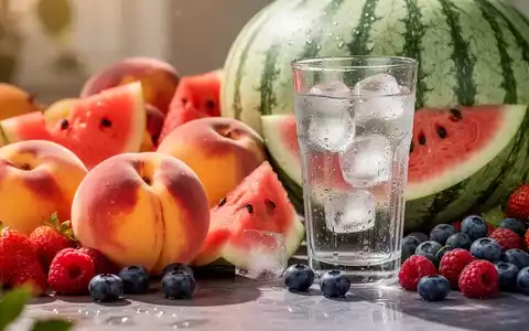 Eine Nahaufnahme von frischen, bunten Sommerfrüchten wie Wassermelone und Pfirsichen, daneben ein Glas Wasser mit Eis. - Foto: über boerse-global.de
