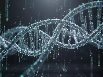 Eine stilisierte Grafik von DNA-Strängen, die sich mit digitalen Datenpunkten verflechten, symbolisiert Biohacking und Präzisionsmedizin. - Foto: über boerse-global.de