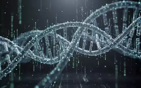 Eine stilisierte Grafik von DNA-Strängen, die sich mit digitalen Datenpunkten verflechten, symbolisiert Biohacking und Präzisionsmedizin. - Foto: über boerse-global.de