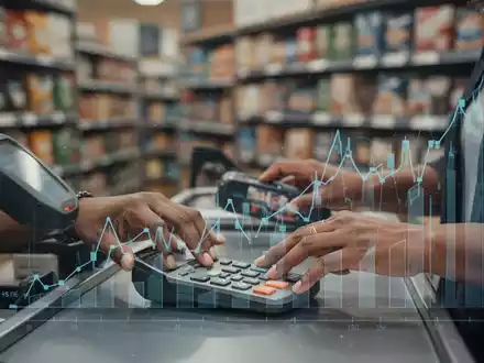 Eine Nahaufnahme einer Kassentheke im Einzelhandel, mit einer verschwommenen Darstellung von Regalen im Hintergrund. Die Hände eines Kassierers sind beim Scannen von Artikeln zu sehen. - Foto: über boerse-global.de