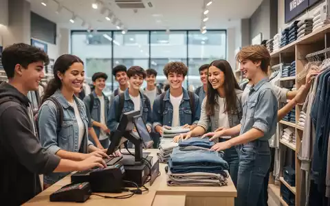 Jugendliche Schüler arbeiten in einem modernen Einzelhandelsgeschäft, bedienen Kunden und räumen Regale ein, symbolisch für Minijobs. - Foto: über boerse-global.de