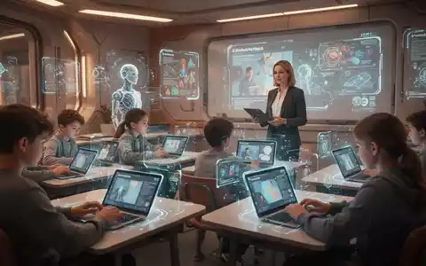 Schüler in einem modernen Klassenzimmer mit holografischen Schnittstellen, Lehrer daneben. Steht für KI in der Bildung. - Foto: über boerse-global.de