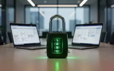 Leuchtendes digitales Vorhängeschloss über unscharfem Büro-Meetingraum mit Laptop, symbolisiert kostenpflichtigen Zugang zu digitalen Werkzeugen. - Foto: über boerse-global.de