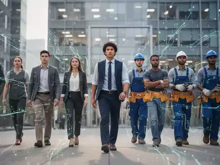 Eine Gruppe vielfältiger Fachkräfte geht auf ein modernes Bürogebäude zu, überlagert von digitalen Datenströmen, die Fachkräfteeinwanderung symbolisieren. - Foto: über boerse-global.de