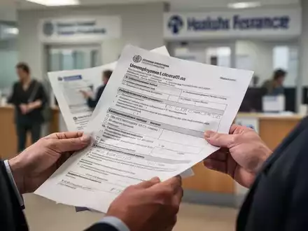 Hände halten offizielle Dokumente, möglicherweise Anträge auf Arbeitslosengeld oder Krankenversicherungsformulare, mit unscharfem Bürohintergrund. - Foto: über boerse-global.de