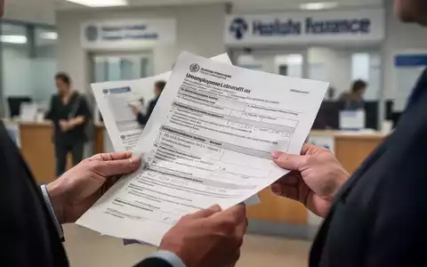 Hände halten offizielle Dokumente, möglicherweise Anträge auf Arbeitslosengeld oder Krankenversicherungsformulare, mit unscharfem Bürohintergrund. - Foto: über boerse-global.de