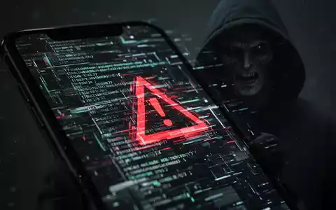 Nahaufnahme eines Smartphones mit glitchendem Code und einer bedrohlichen, verschwommenen Silhouette im Hintergrund, symbolisiert mobile Malware-Angriffe. - Foto: über boerse-global.de