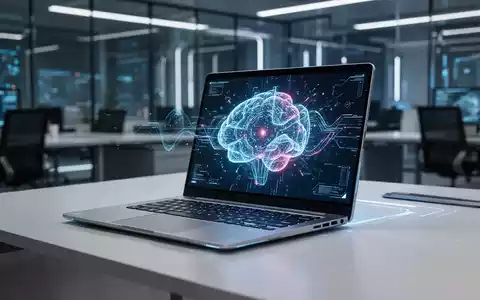 Ultra-leichtes, futuristisches Laptop mit abstrakter, leuchtender KI-Oberfläche auf einem minimalistischen Schreibtisch in einem High-Tech-Büro. - Foto: über boerse-global.de