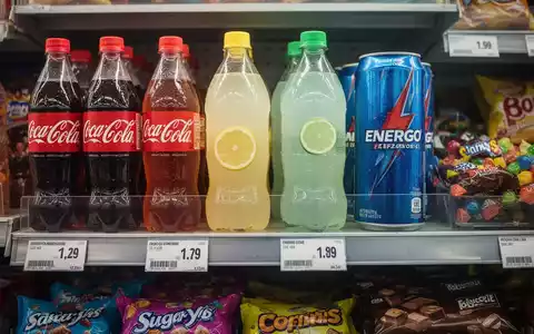 Nahaufnahme von zuckerhaltigen Getränken und Snacks im Supermarktregal mit Preisschildern, die eine Zuckersteuer andeuten. - Foto: über boerse-global.de