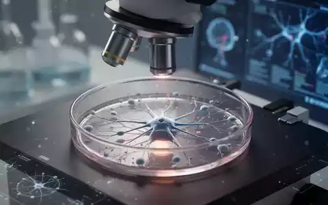 Nahaufnahme einer Petrischale mit Neuronen unter einem Mikroskop in einem Forschungslabor, symbolisiert ALS-Diagnose und -Therapie. - Foto: über boerse-global.de