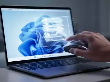 Eine Hand bedient eine Computermaus auf einem Schreibtisch und interagiert mit einer leuchtenden digitalen Zwischenablage-Manager-Oberfläche auf einem Laptop-Bildschirm. - Foto: über boerse-global.de