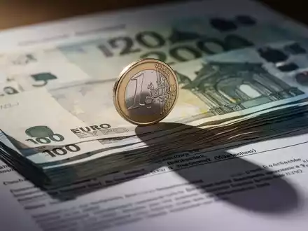 Eine einzelne Euromünze auf einem Stapel Banknoten, die einen langen Schatten auf ein verschwommenes Rechtsdokument wirft. - Foto: über boerse-global.de