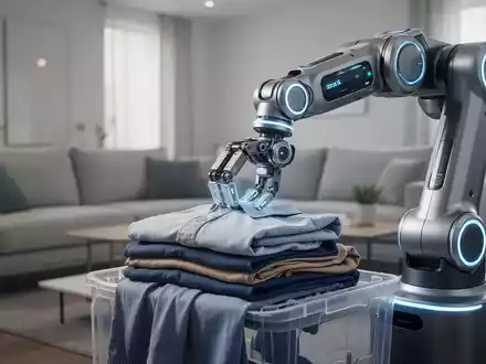Ein fortschrittlicher Haushaltsroboter faltet Wäsche in einem modernen Wohnzimmer, symbolisierend technologische Unterstützung bei Hausarbeiten. - Foto: über boerse-global.de