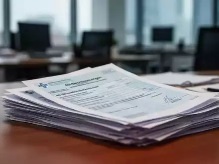 Ein verschwommener Bürohintergrund mit einem Stapel medizinischer Atteste und juristischer Dokumente auf einem Schreibtisch. - Foto: über boerse-global.de