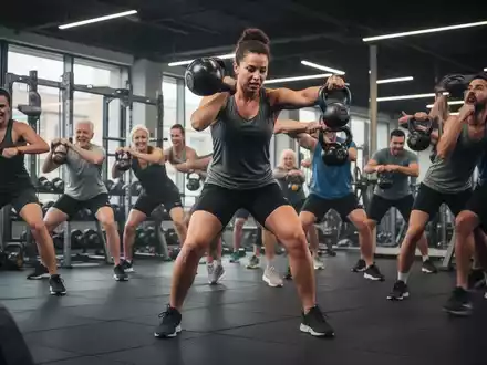 Eine vielfältige Gruppe von Menschen verschiedenen Alters trainiert dynamisch mit Kettlebells in einer modernen Turnhalle. - Foto: über boerse-global.de
