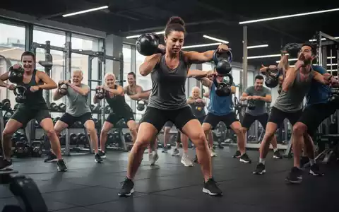 Eine vielfältige Gruppe von Menschen verschiedenen Alters trainiert dynamisch mit Kettlebells in einer modernen Turnhalle. - Foto: über boerse-global.de