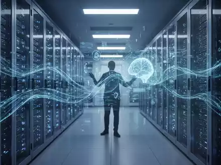 Futuristischer Serverraum mit blauem Leuchten und abstraktem digitalem Datenfluss, Symbol für KI-Entwicklung und Innovation. - Foto: über boerse-global.de