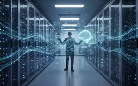 Futuristischer Serverraum mit blauem Leuchten und abstraktem digitalem Datenfluss, Symbol für KI-Entwicklung und Innovation. - Foto: über boerse-global.de