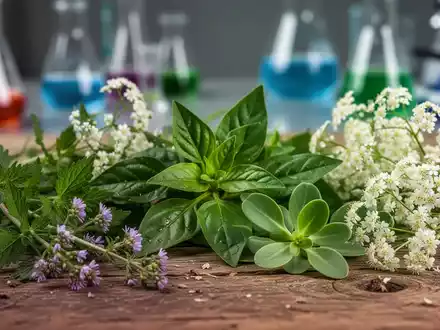 Nahaufnahme verschiedener WildgemĂŒse und KrĂ€uter, darunter Myosoton aquaticum und ChiliblĂ€tter, auf einer HolzoberflĂ€che. - Foto: ĂŒber boerse-global.de