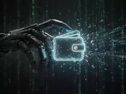 Eine bedrohliche Roboterhand greift nach einem leuchtenden, zerbrochenen Krypto-Wallet-Symbol, umgeben von Binärcode. - Foto: über boerse-global.de