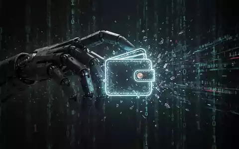 Eine bedrohliche Roboterhand greift nach einem leuchtenden, zerbrochenen Krypto-Wallet-Symbol, umgeben von Binärcode. - Foto: über boerse-global.de