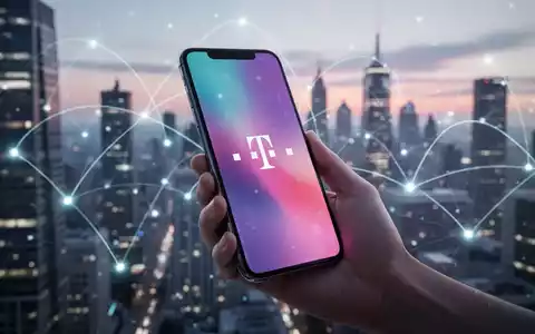 Eine Hand hält ein modernes Smartphone mit T-Mobile-Logo auf dem Bildschirm, vor verschwommener futuristischer Stadtkulisse. - Foto: über boerse-global.de
