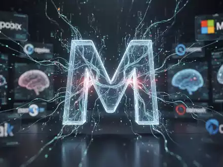 Stilisiertes Microsoft-'M'-Logo mit leuchtenden Datenströmen, umgeben von abstrakten, verschwommenen Darstellungen konkurrierender KI-Modelle. - Foto: über boerse-global.de